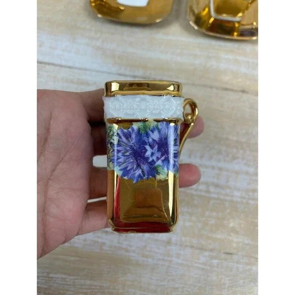 5 Bone China Gold Encrusted Floral Square Demi-Tasse Cups & Saucers Germany